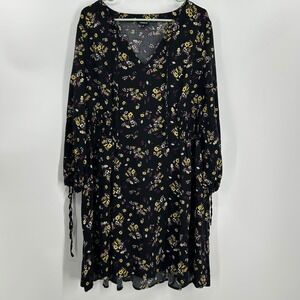 Torrid Black Floral V-Neck Smocked Waist Long Sleeve Dress Plus Size 2 2X 0778